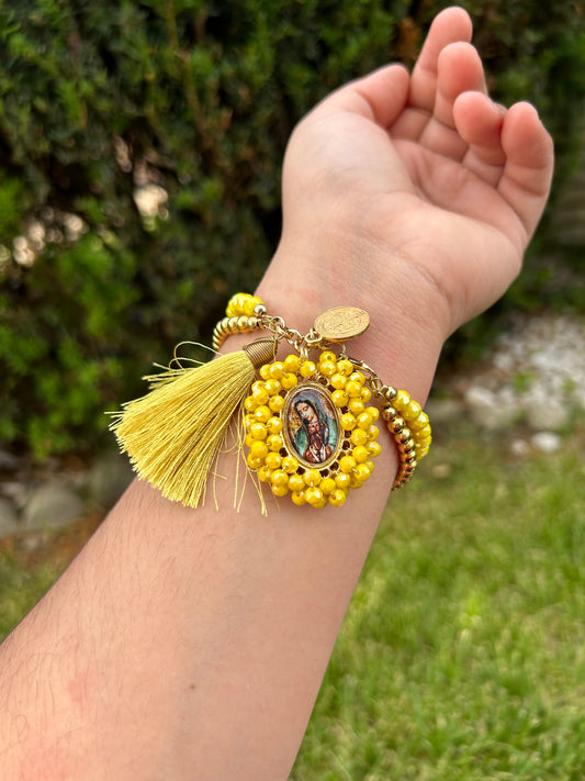 Yellow Virgen De Guadalupe Tassel Bracelet