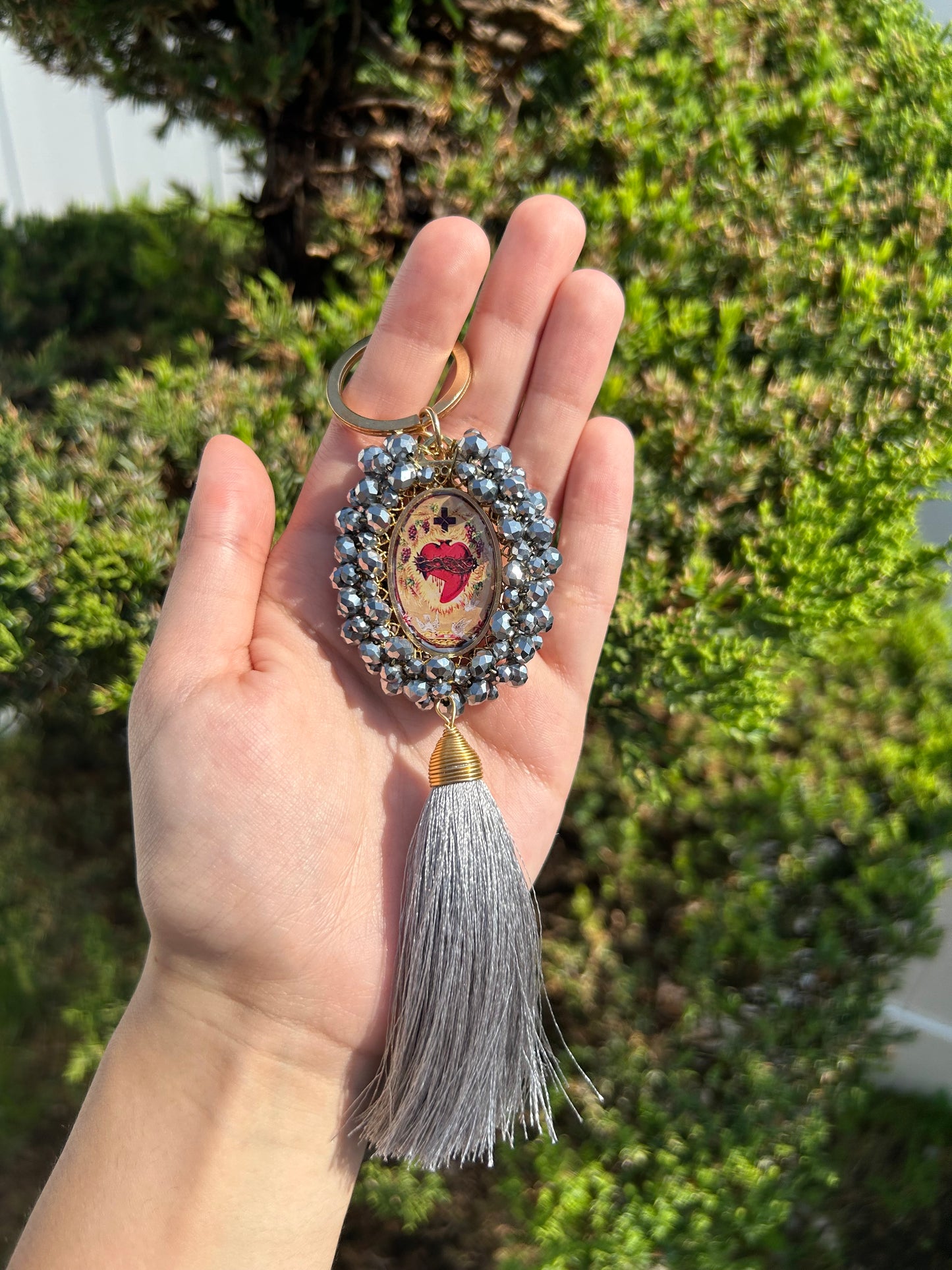 Sagrado Corazon Large Gray Tassel Keychain