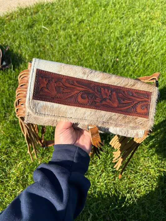 Tooled Cowhide Fringe Crossbody