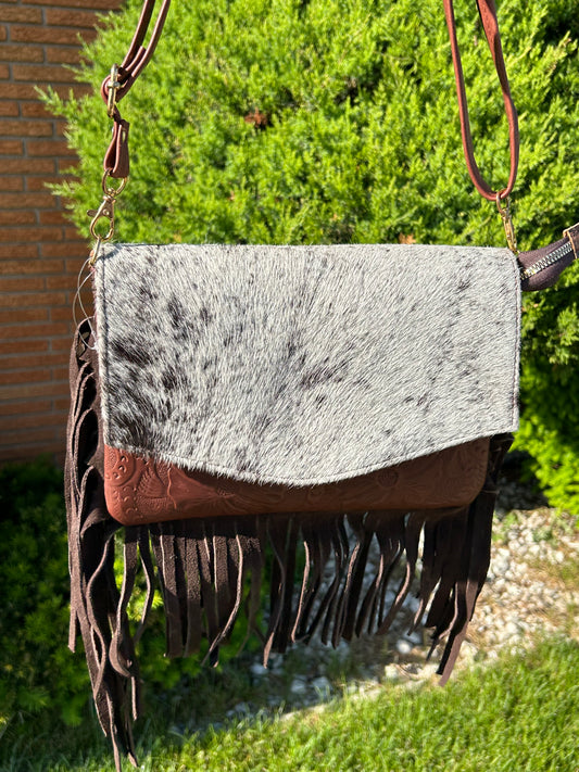 Maroon Fringe Cowhide Crossbody